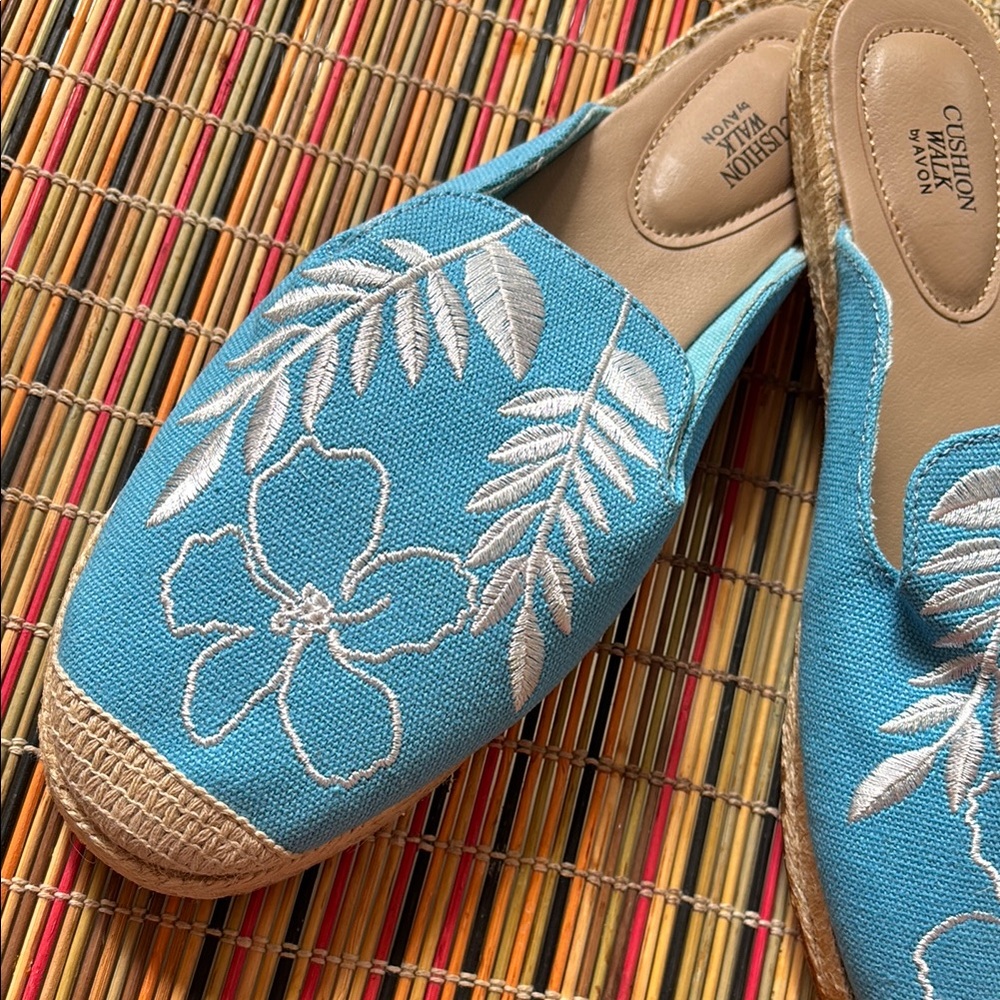 Avon Turquoise Floral Embroidered Flats